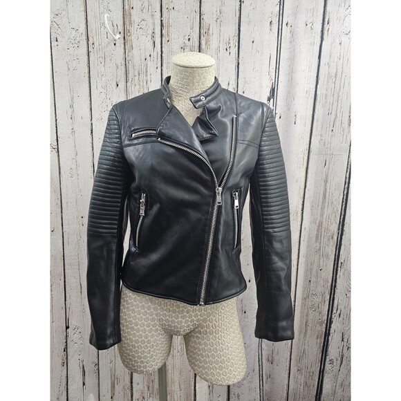 MDS Women's S Zara Basic Faux Leather Biker Moto Jacket Black Asymmetrical EUC! - Picture 1 of 5